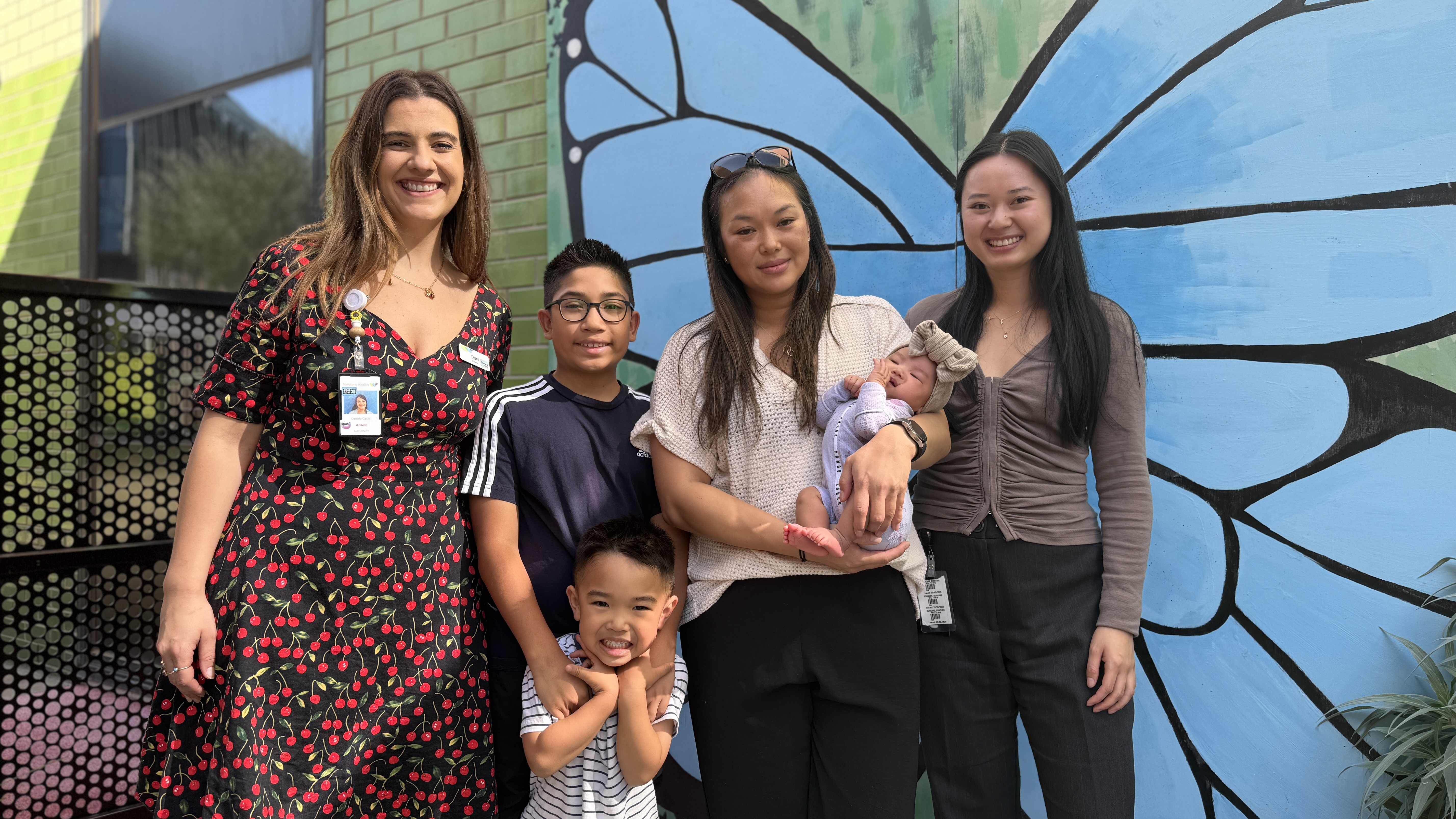 Midwives Dani Gashi and Nhu Trang with mum Trang and kids Connor Spencer and Willow.JPEG